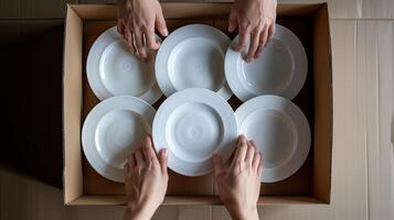 AI generated hands carefully stacking plates into a cardboard moving box, illustrating the meticulous process of packing and securing fragile items for relocation. photo