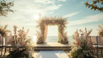 AI generated a romantic wedding stage adorned with delicate flowers, emanating an atmosphere of love and enchantment as couples exchange vows in a breathtaking setting. photo