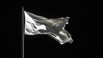 AI generated blank white flag on a flagpole, isolated against a stark black background, conveying a sense of simplicity and purity in its symbolism. photo