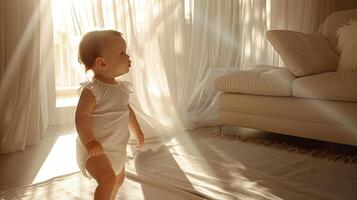 ai generado un 1 año bebé en pie en el vivo habitación, vestido en un prístino blanco mono, bañado en el suave resplandor de luz de sol filtración mediante escarpado blanco cortinas foto