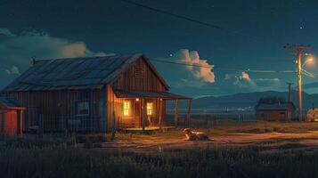 AI generated a small western town at night, with a warmly illuminated wooden house and a faithful dog resting on its doorstep, evoking the timeless allure of frontier life. photo