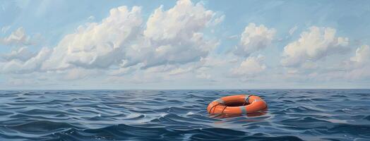 AI generated safety and hope amidst the vastness of the open sea with an orange lifebuoy floating serenely, symbolizing protection and optimism under the expansive sky. photo