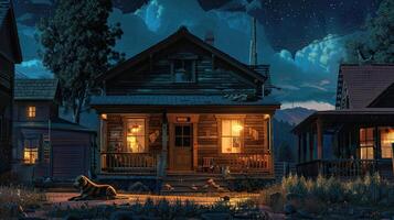 AI generated a small western town at night, with a warmly illuminated wooden house and a faithful dog resting on its doorstep, evoking the timeless allure of frontier life. photo