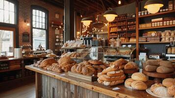 AI generated freshly baked artisanal bread arranged on a polished wooden counter, inviting viewers to savor the craftsmanship and flavor. photo