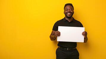 AI generated a contented man in his early 40s through a realistic full-length body shot, as he stands holding a big white card between his hands and faces the camera. photo