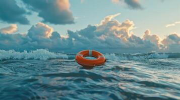 AI generated safety and hope amidst the vastness of the open sea with an orange lifebuoy floating serenely, symbolizing protection and optimism under the expansive sky. photo