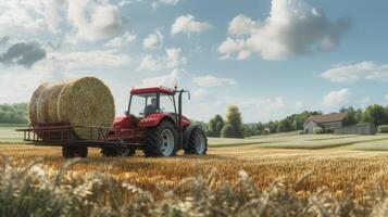 ai generado un granjero operando un tractor a carga redondo heno fardos sobre un remolque, exhibiendo el agrícola proceso de cosecha y transportar Paja fardos con auténtico realismo y detalle. foto