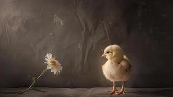 AI generated a very cute yellow chick standing against a captivating light monochromatic background, with a delicate flower nearby, creating a heartwarming and enchanting scene of innocence and beauty photo