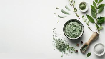 ai generado un exfoliante fregar enriquecido con verde arcilla y natural ingredientes, con un belleza máscara delicadamente aplicado en un limpiar blanco fondo, atractivo espectadores a complacer en cuidados personales. foto