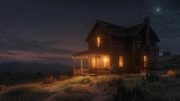 AI generated a small western town at night, with a warmly illuminated wooden house and a faithful dog resting on its doorstep, evoking the timeless allure of frontier life. photo