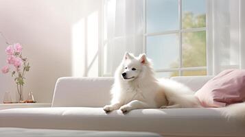 AI generated an American Eskimo Dog lounging on a white couch in a modern living room, with soft colors dominating the palette, creating a serene and contemporary ambiance. photo