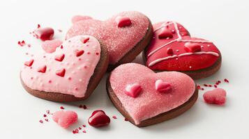 AI generated an array of themed candies and heart-shaped cookies, delicately embellished with pink and red icing, sparkling with edible glitter against a pristine white background. photo