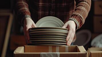 AI generated hands carefully stacking plates into a cardboard moving box, illustrating the meticulous process of packing and securing fragile items for relocation. photo