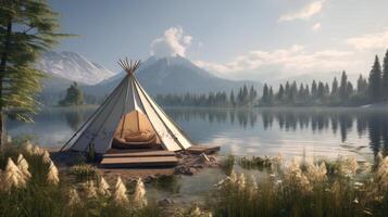 AI generated a tent pitched by a serene lake, enveloped in hazy romanticism, where the soft glow of the setting sun casts a mesmerizing ambiance over the natural landscape photo