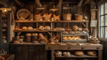 AI generated a quaint bakery, where artisanal bread varieties are artfully arranged on a rustic wooden counter, tempting passersby with their delicious aroma. photo