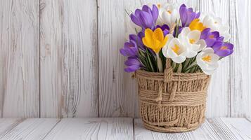 AI generated crocus flowers arranged in a straw basket against a pristine white wooden backdrop, offering options in white, yellow, or purple hues, creating a charming of nature's bounty. photo