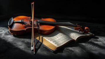 AI generated a violin accompanied by its bow and sheet music, elegantly poised on a black background, with clean lines and natural shadows enhancing its ultra-detailed craftsmanship. photo