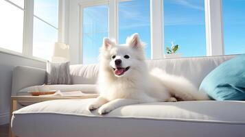 AI generated an American Eskimo Dog lounging on a white couch in a modern living room, with soft colors dominating the palette, creating a serene and contemporary ambiance. photo