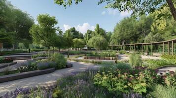 AI generated a garden adorned with raised beds, where lush greenery thrives alongside colorful blooms of a rose garden and the soothing aroma of lavender, creating a picturesque oasis of beauty. photo