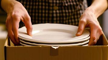 AI generated hands carefully stacking plates into a cardboard moving box, illustrating the meticulous process of packing and securing fragile items for relocation. photo