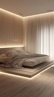 AI generated a contemporary bedroom with a neutral palette, featuring a stylish platform bed bathed in soft ambient lighting, and adorned with decor to create a tranquil retreat for rest. photo