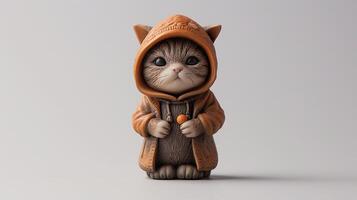 AI generated a cute little cat donning a hoodie, captured in a standing posture against a solid light background, showcasing super-detailed craftsmanship from a main view. photo