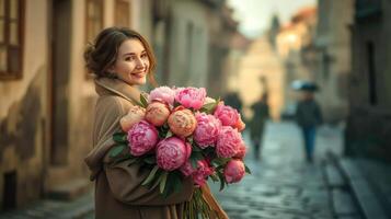 ai generado un 35 años mujer, su cara iluminado por un brillante sonrisa como ella graciosamente sostiene un grande ramo de flores de peonias, su alto estatura y elegante Saco agregando a el seducir de el escena. foto