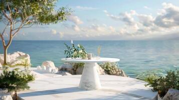 AI generated a white marble table set up for a mockup against the backdrop of a romantic beach wedding reception, featuring soft sand, gentle waves, and dreamy coastal decor. photo