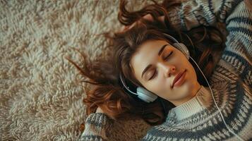 AI generated a relaxed woman lying on the carpet at home, indulging in music through her headphones, exuding a sense of calm and contentment in her portrait. photo