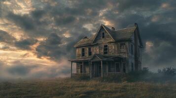 AI generated an old dilapidated house, weathered by time and neglect, in a realistic photograph that evokes a sense of nostalgia and abandonment. photo