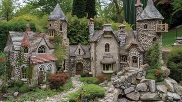 AI generated a small house cleverly designed to resemble a castle, nestled amidst rolling hills and surrounded by whimsical gardens, invoking a sense of fairy-tale charm. photo