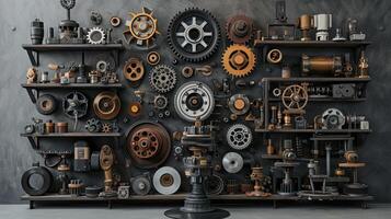 AI generated drum brakes, gears, and assorted metal components artfully displayed on a pedestal, against a grey, oxidized background, evoking an industrial ambiance that celebrates precision photo