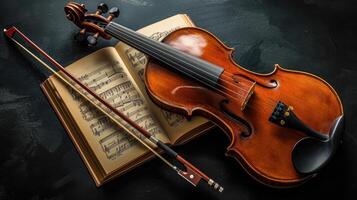 AI generated a violin accompanied by its bow and sheet music, elegantly poised on a black background, with clean lines and natural shadows enhancing its ultra-detailed craftsmanship. photo