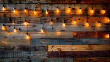 AI generated a wood wall adorned with warm bulb lights, creating a cozy and inviting atmosphere in a living space or cafe setting. photo