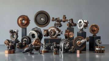 AI generated drum brakes, gears, and assorted metal components artfully displayed on a pedestal, against a grey, oxidized background, evoking an industrial ambiance that celebrates precision photo