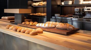 AI generated freshly baked artisanal bread arranged on a polished wooden counter, inviting viewers to savor the craftsmanship and flavor. photo