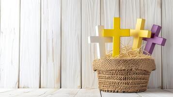 AI generated crosses nestled in a straw basket against a white wooden background, offering a peaceful and contemplative scene with options for crosses in white, yellow, or purple hues. photo
