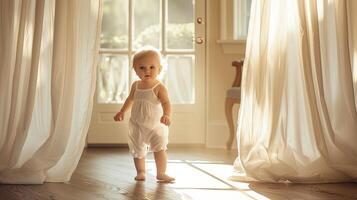 ai generado un 1 año bebé en pie en el vivo habitación, vestido en un prístino blanco mono, bañado en el suave resplandor de luz de sol filtración mediante escarpado blanco cortinas foto