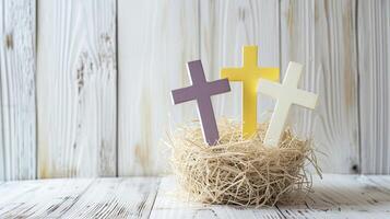 AI generated crosses nestled in a straw basket against a white wooden background, offering a peaceful and contemplative scene with options for crosses in white, yellow, or purple hues. photo