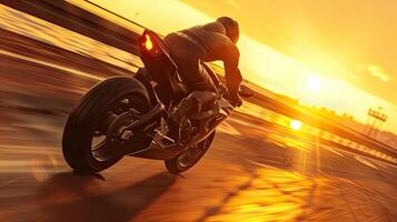 AI generated a speeding superbike tearing down the highway at sunset, immerses viewers in the adrenaline-fueled thrill of the open road. photo