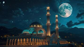 AI generated the full moon illuminating the night sky during the holy month of Ramadan, evoking a sense of serenity and spirituality amidst the peaceful darkness. photo