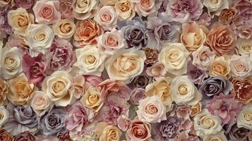 AI generated a bridal flower arrangement featuring roses in a variety of pastel colors, beautifully arranged in a top view, flat lay composition, perfect for inspiring brides to be. SEAMLESS PATTERN. photo