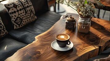 AI generated gorgeous solid wood coffee table as the focal point, adorned with a steaming cup of black coffee, against the backdrop of a beautifully decorated cafe. photo