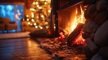 AI generated a winter evening with a photo of a crackling fire starting in the hearth, casting a soft glow and inviting ambiance into the home.