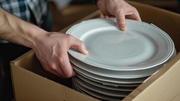AI generated hands carefully stacking plates into a cardboard moving box, illustrating the meticulous process of packing and securing fragile items for relocation. photo