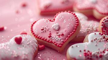 ai generado delicadamente decorado dulces, en forma de corazon galletas adornado con rosado y rojo Formación de hielo, y rociado con comestible Brillantina, evocando un sentido de romance y indulgencia. foto