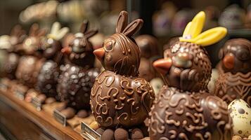 ai generado un artesanal chocolate tienda adornado con vibrante muestra de intrincadamente hecho a mano chocolate esculturas y delicioso golosinas, atractivo visitantes a complacer en el dulzura de el estación. foto