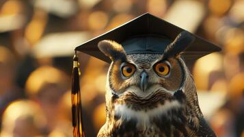 ai generado un majestuoso búho adornado en un graduación vestido y birrete, exudando erudito elegancia y equilibrio como eso participa en un solemne Universidad ceremonia. foto