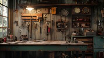 AI generated the old tools hanging on the wall, with a vintage garage style setting that evokes craftsmanship and history. photo