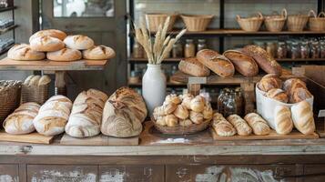 AI generated a quaint bakery, where artisanal bread varieties are artfully arranged on a rustic wooden counter, tempting passersby with their delicious aroma. photo